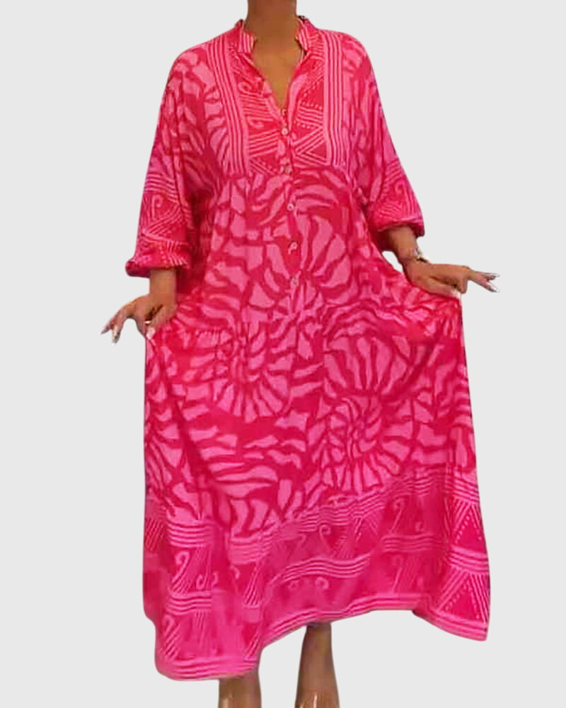 Abstract Print Button Front Long Sleeve Tiered Maxi Dress 2