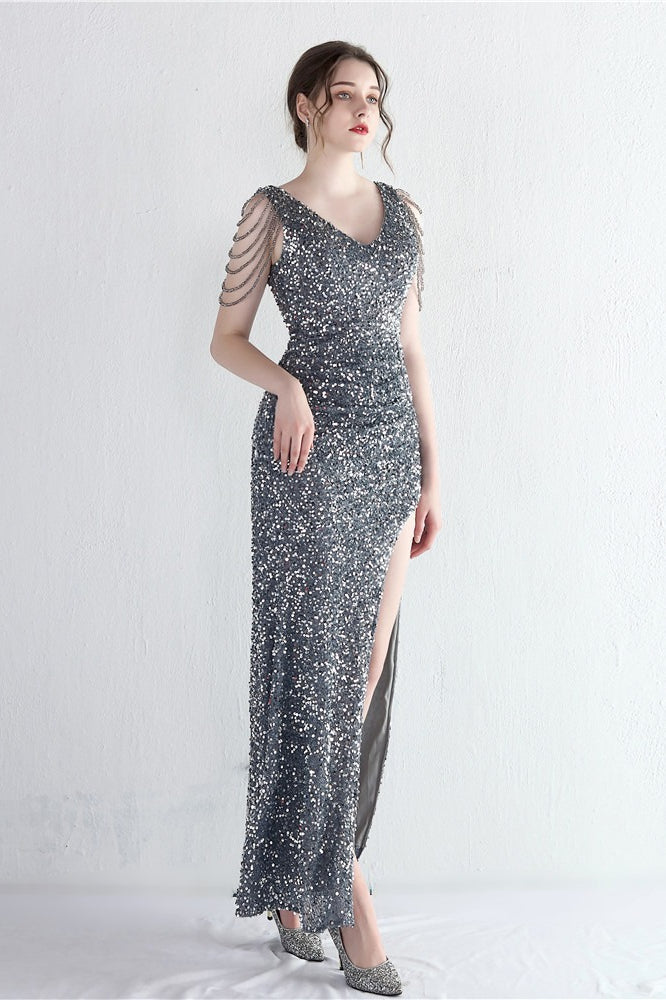 Sequin V-Neck Beaded Fringe High Split Mermaid Gown - View 21