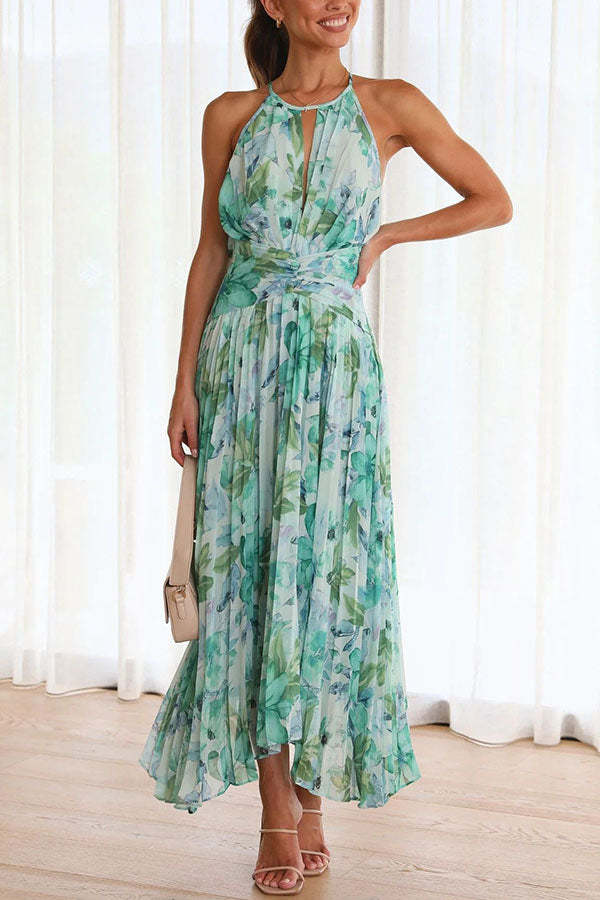 Chiffon Halter Neck Keyhole Twist Waist Pleated Floral Maxi Dress