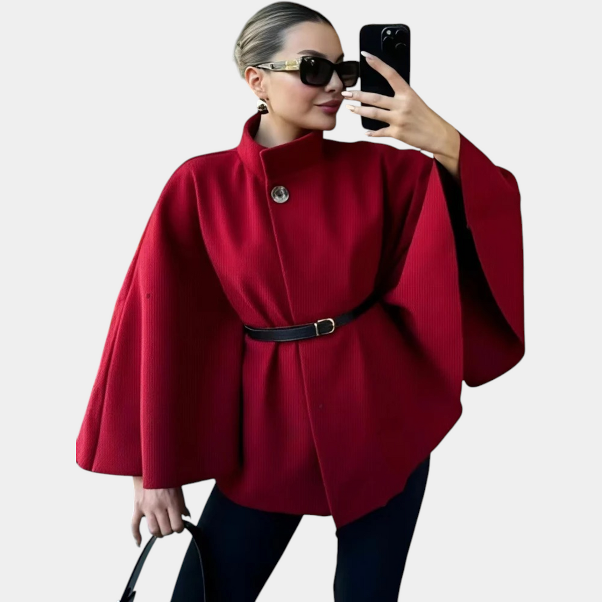 Cape Sleeve High Neck Belted Poncho Cape 5