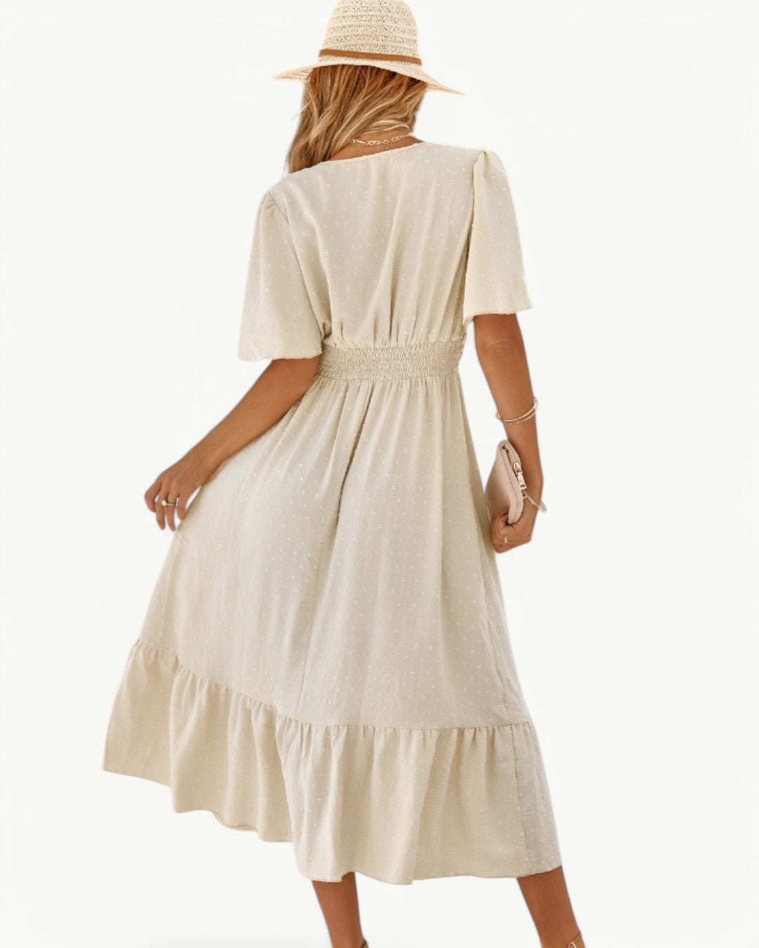 Swiss Dot V-Neck Flutter Sleeve Ruched Waist Tiered Midi Dress 3