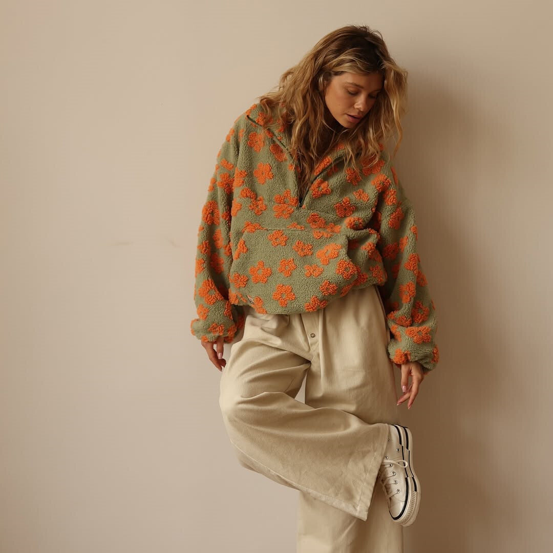 Floral Sherpa Fleece Collared Half Zip Pullover 8