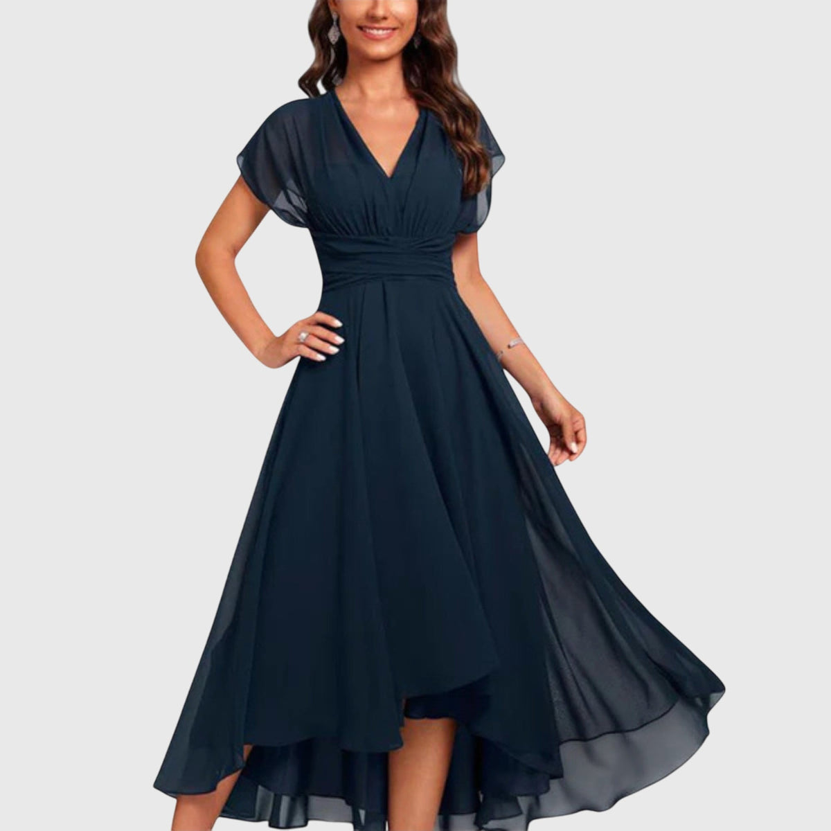 V-Neck Flutter Sleeve High Low Chiffon Midi Dress