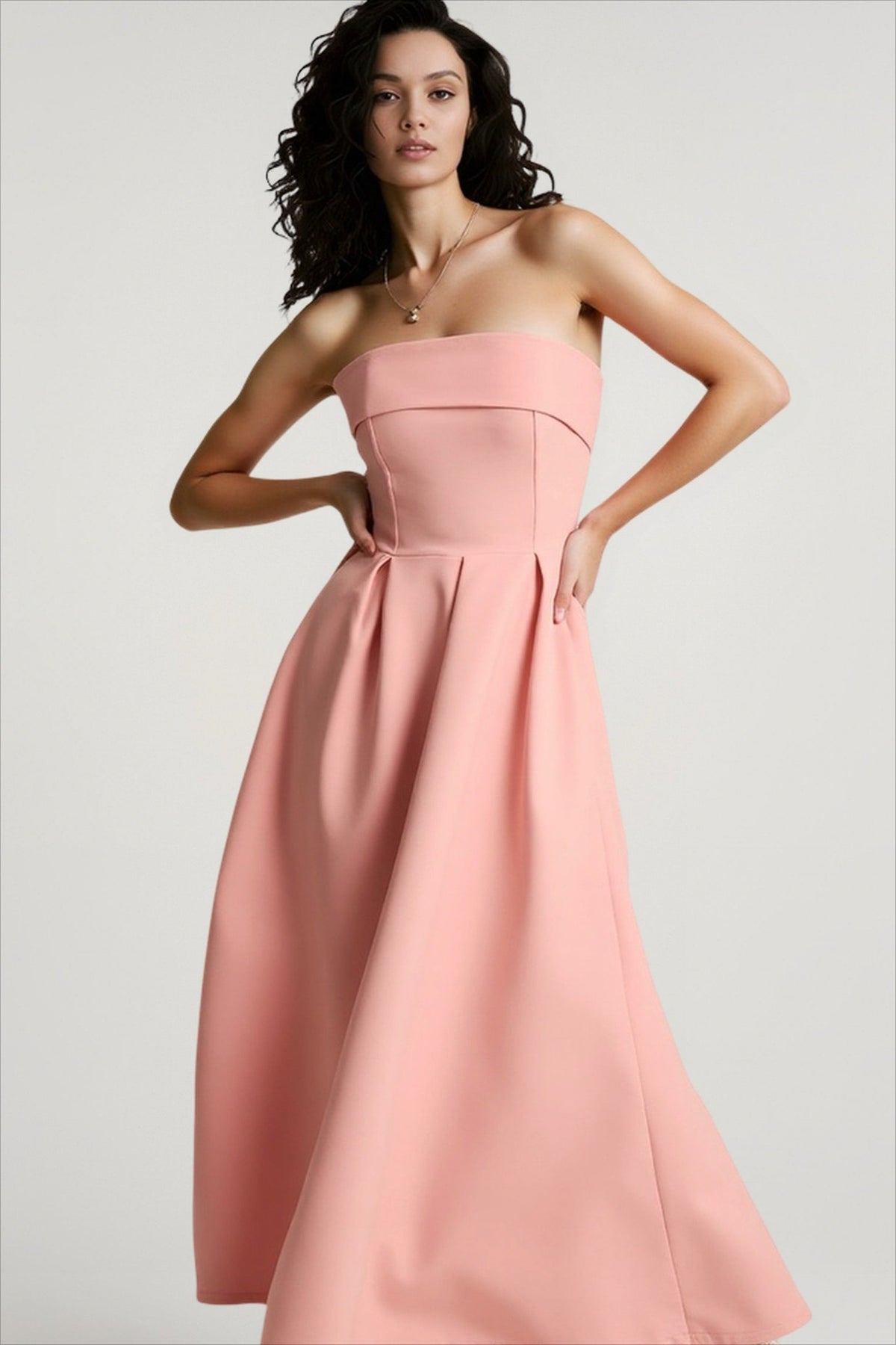 Strapless Fold Over Neck Pleated Fit and Flare Midi Cocktail Dress - View 9