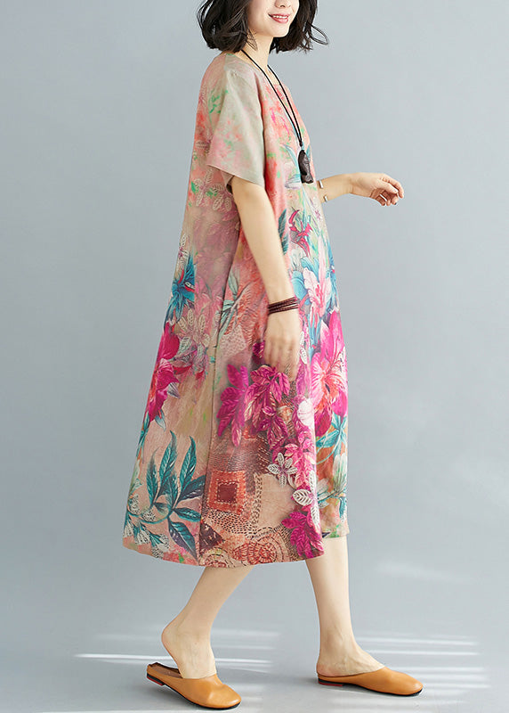 Floral Print Crew Neck Short Sleeve Pocket Oversized Midi Dress - View 2