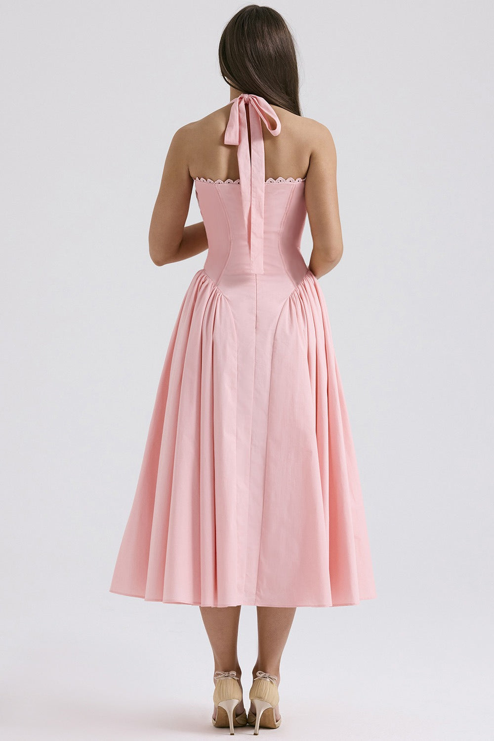 Halter Neck Ruched Corset Fit and Flare Midi Dress - View 7
