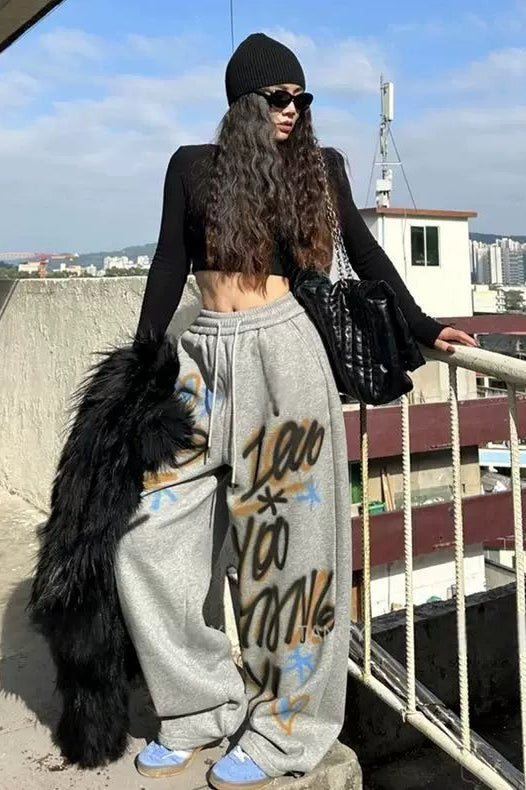 American Hip Hop Plus Size Fleece Lined Loose Wide Leg