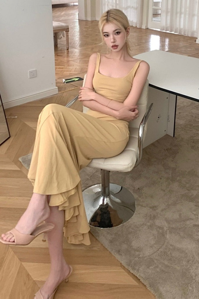 Backless Spaghetti Strap Ruffle Fishtail Mermaid Maxi Dress - View 7