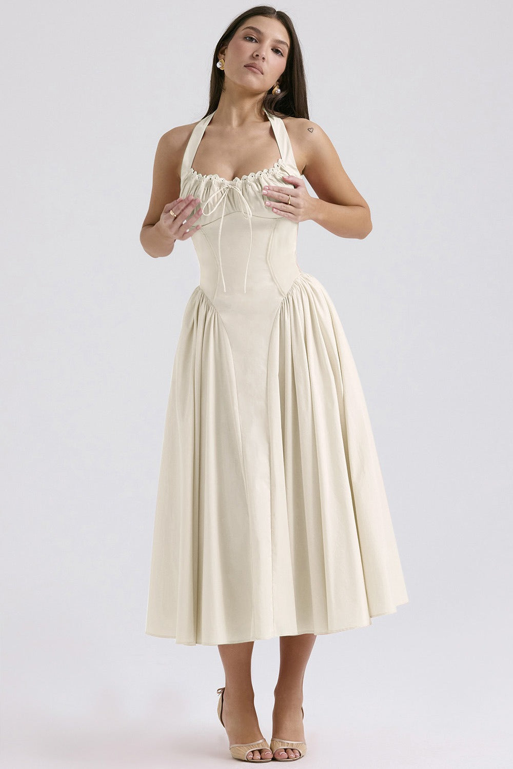 Halter Neck Ruched Corset Fit and Flare Midi Dress - View 10