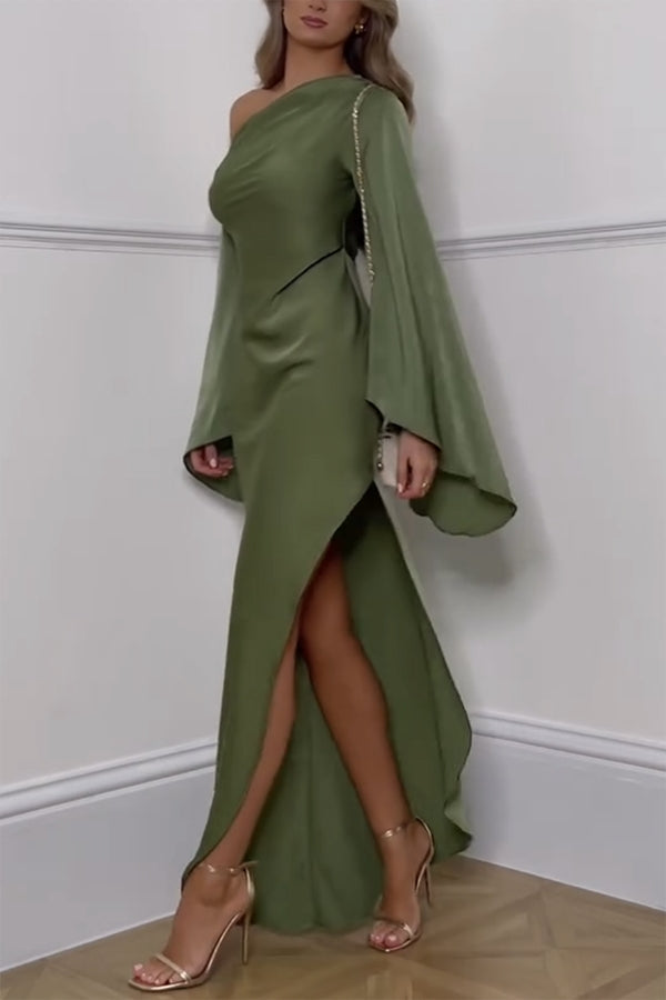 Zayla Satin Asymmetrical One Shoulder Bell Sleeve Slit Maxi Dress - View 4