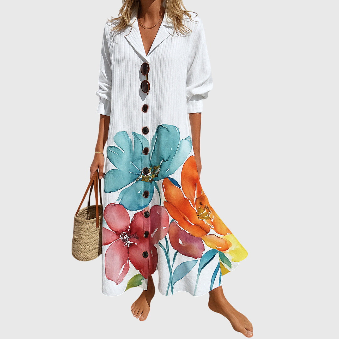 Floral Print V-Neck Button Front Puff Sleeve Maxi Dress 8