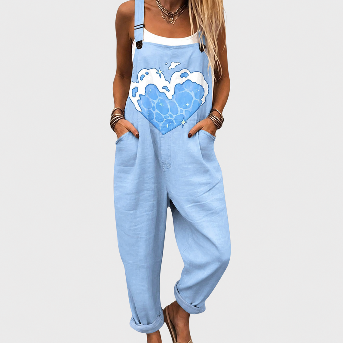 Heart Print Sleeveless Wide Leg Overall Jumpsuit