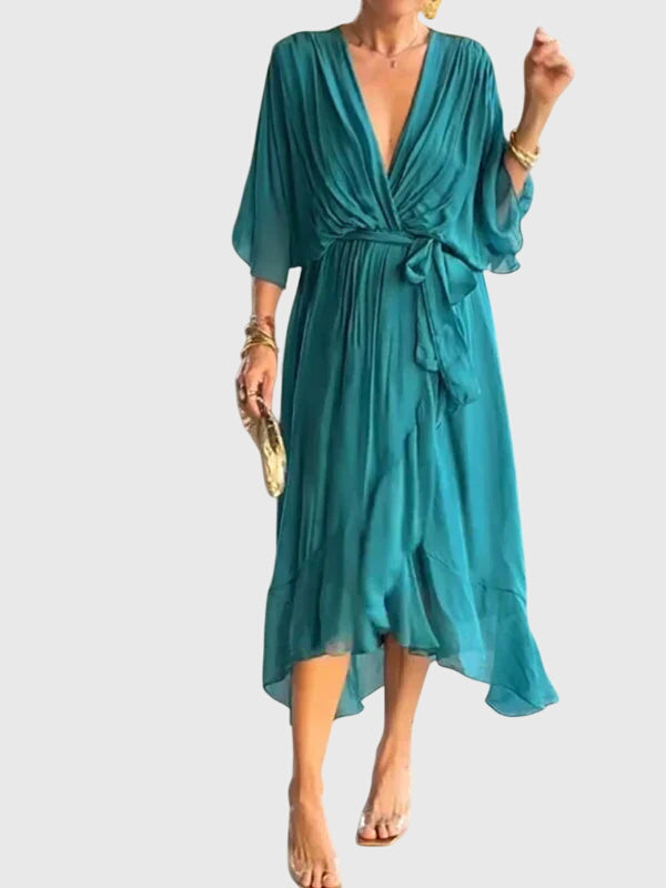 Chiffon V-Neck Batwing Sleeve Belted High Low Midi Dress 5