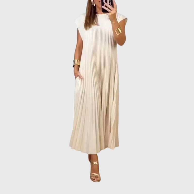 Boat Neck Cap Sleeve Pleated A-Line Maxi Dress 2