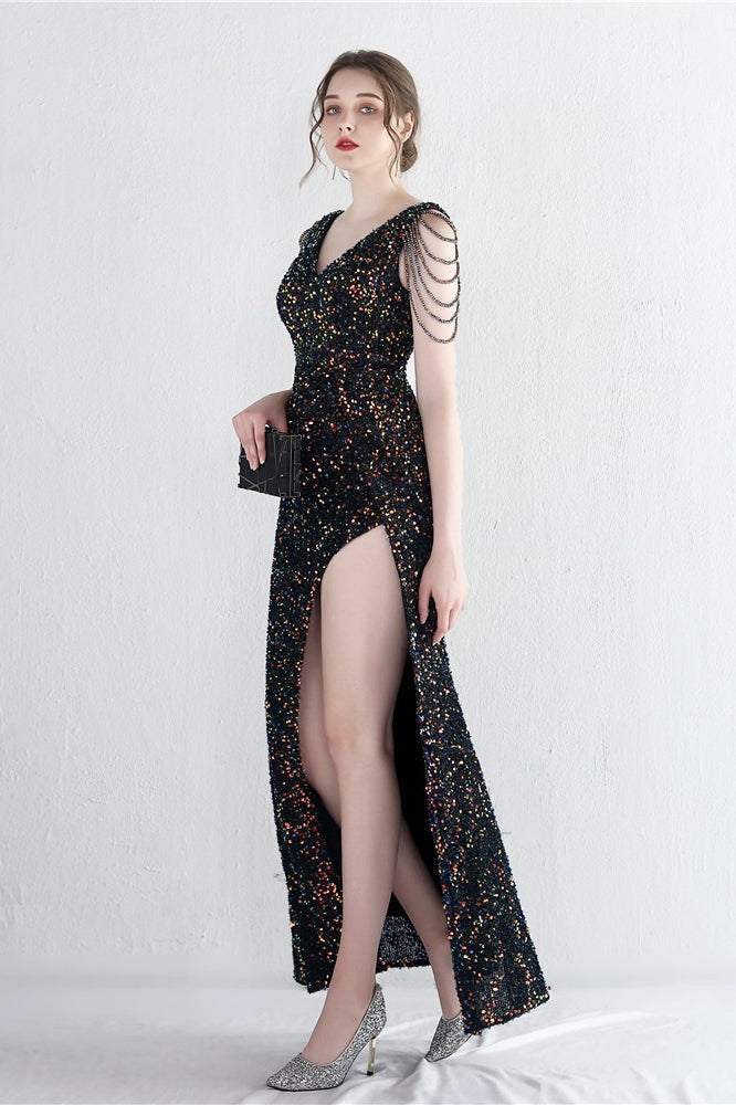 Sequin V-Neck Beaded Fringe High Split Mermaid Gown - View 5