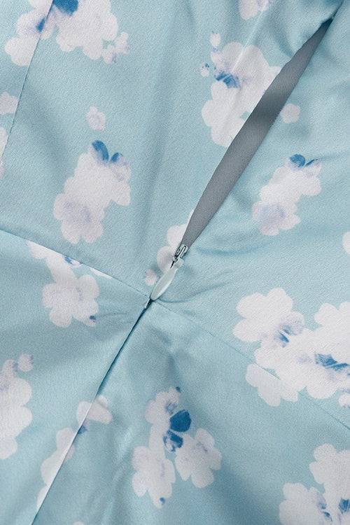 Satin Floral Print Collar Long Sleeve Belted Midi Dress - View 8