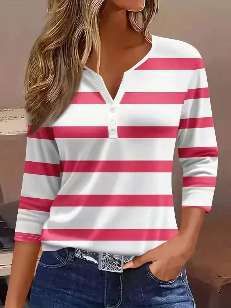 Striped V-Neck Button Henley Long Sleeve Top 6