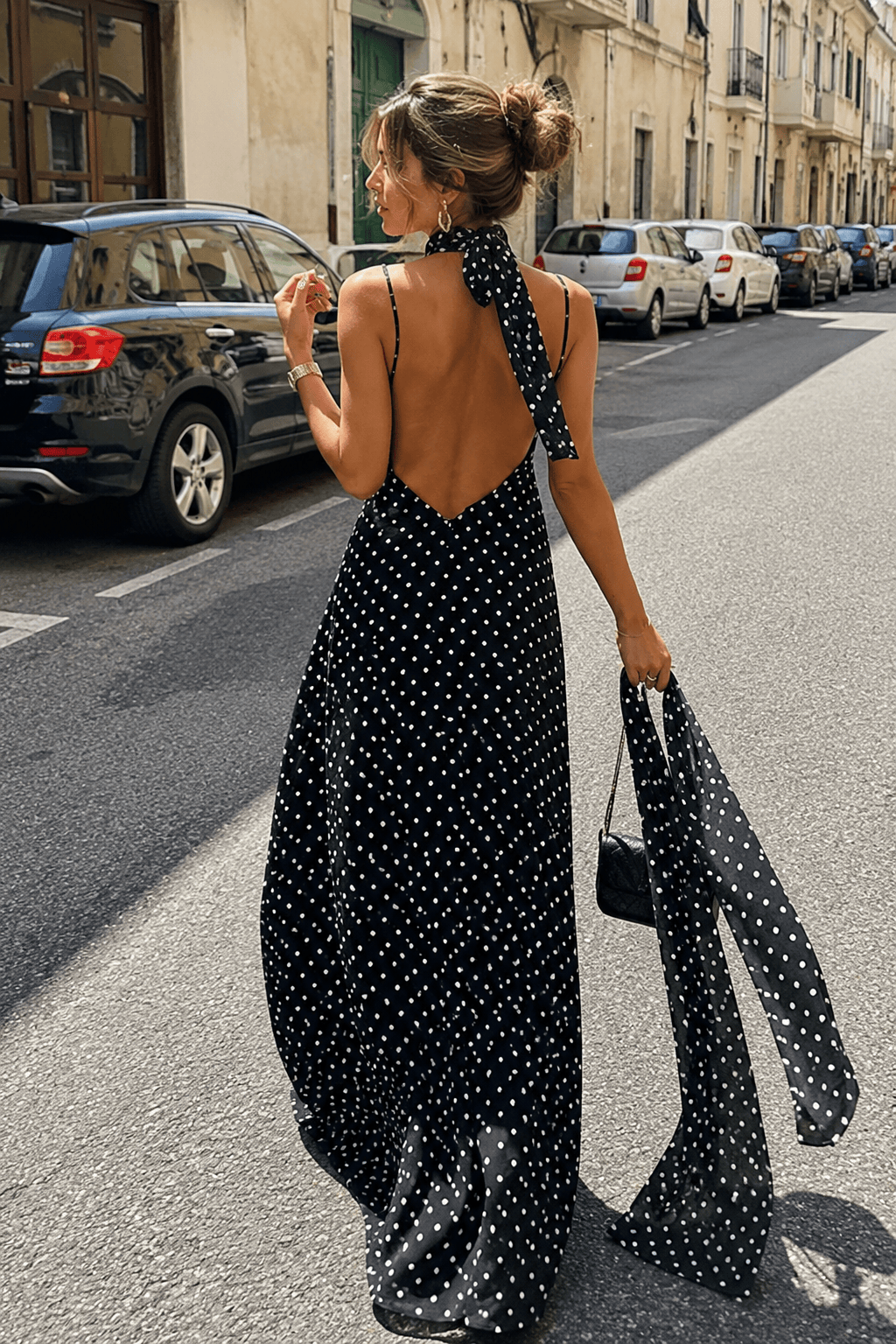 Polka Dot Spaghetti Strap V-Neck Scarf Bias Maxi Dress 3