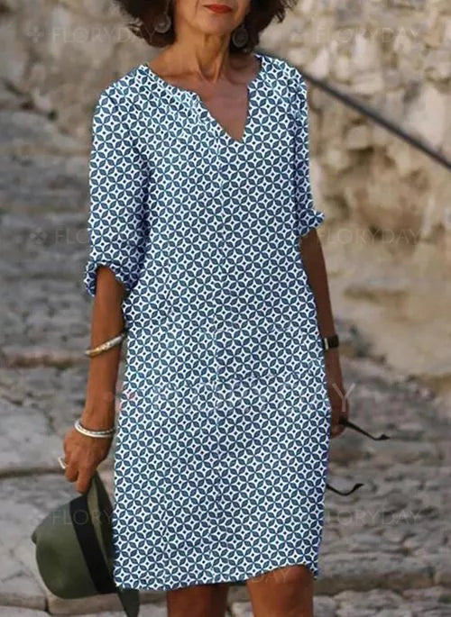 Geometric Print Notched V-Neck Three Quarter Sleeve Shift Knee Dress - View 3