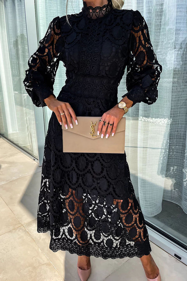 Crochet Lace High Neck Long Sleeve Maxi Dress 2