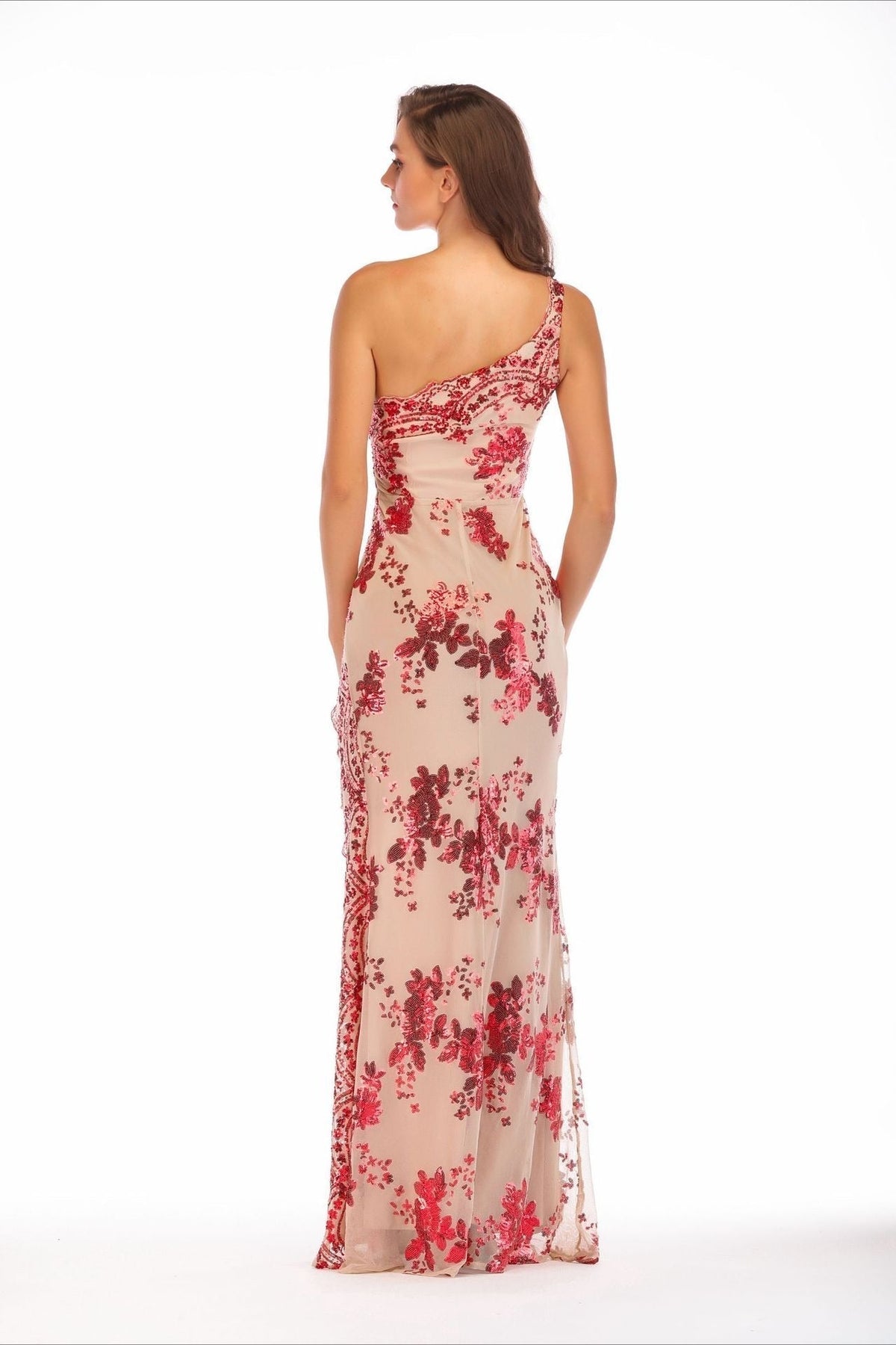 Sequin One Shoulder Sheer Mesh High Split Maxi Gown - View 7
