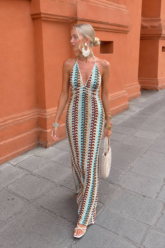 Deep V-Neck Halter Crochet Knit Maxi Dress 2