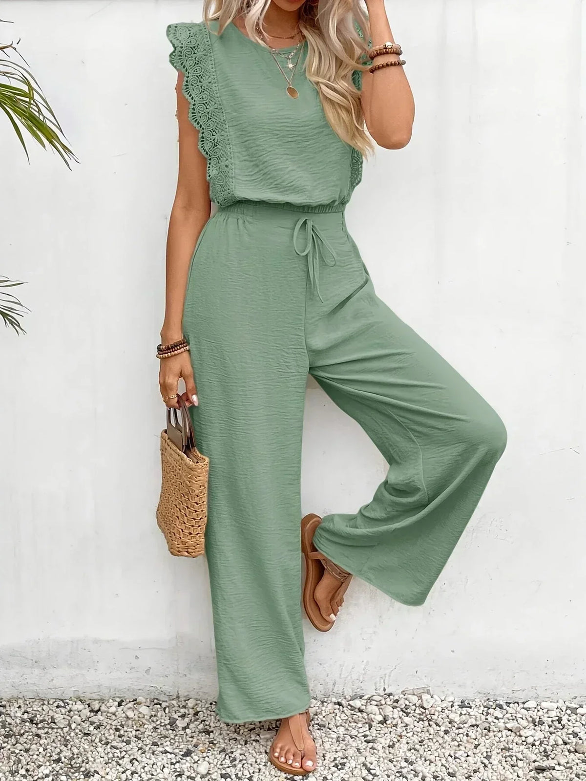 Round Neck Lace Trim Sleeveless Wide Leg Jumpsuit 34