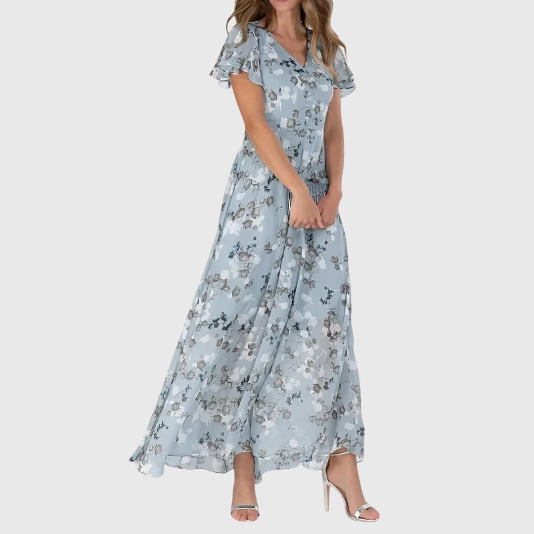 Floral V-Neck Flutter Sleeve A-Line Maxi Dress 3