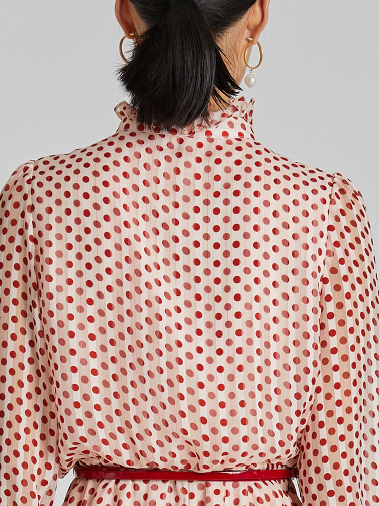 Gathered Waist Chiffon Polka Dot Midi Dress - View 8
