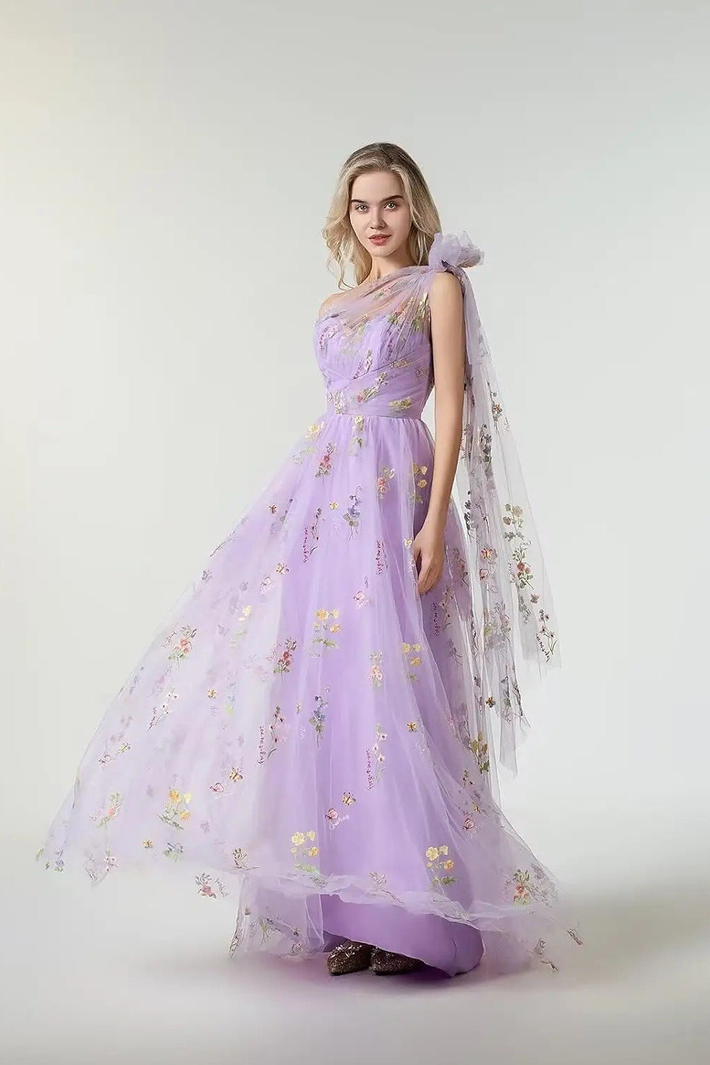 Floral Embroidered One Shoulder Tulle A-Line Prom Gown - View 2
