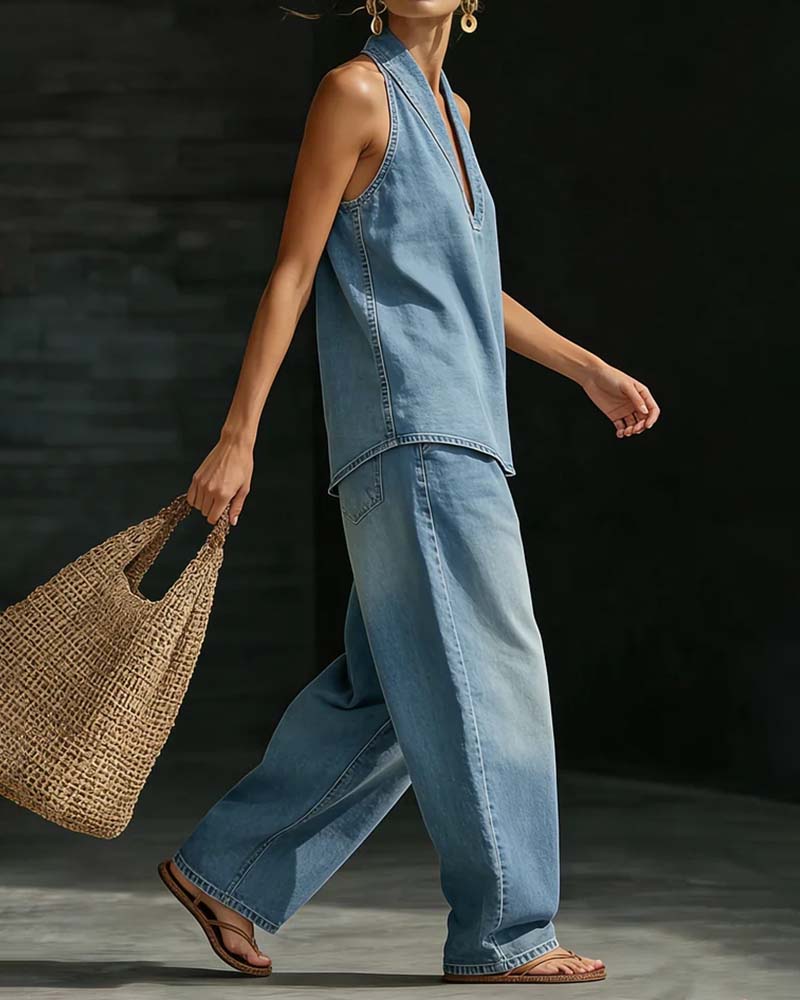 Denim Look Halter Deep V-Neck Top and Wide Leg Pants Two Piece Set 7