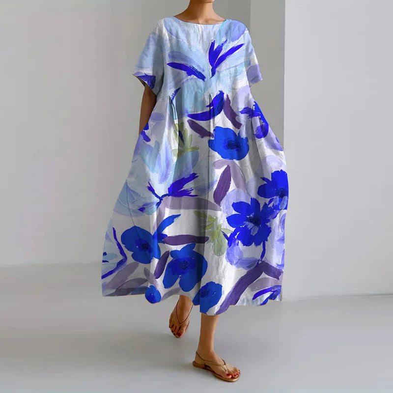 Floral Print Round Neck Short Sleeve Midi Dress 3