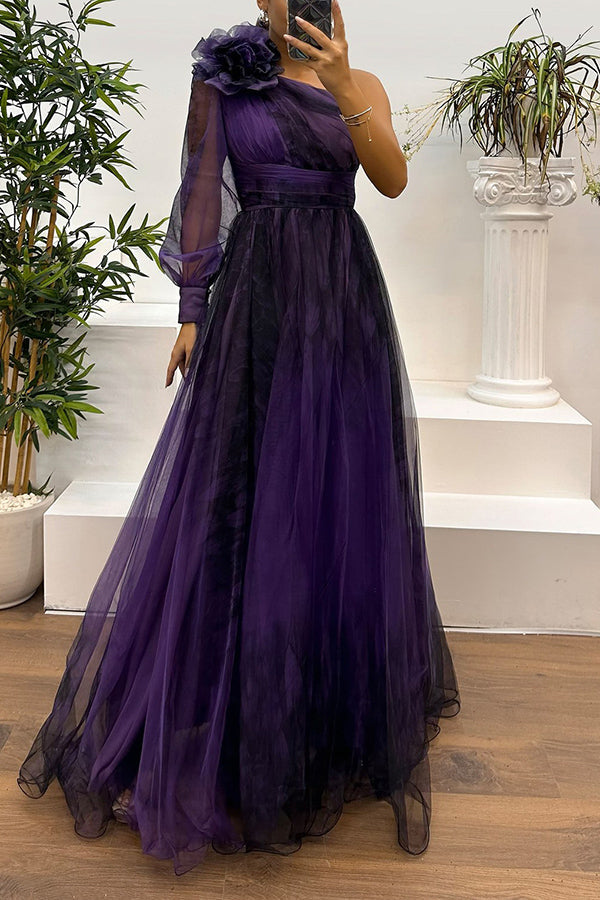Tulle Off Shoulder Asymmetrical One Sleeve Maxi Dress - View 13