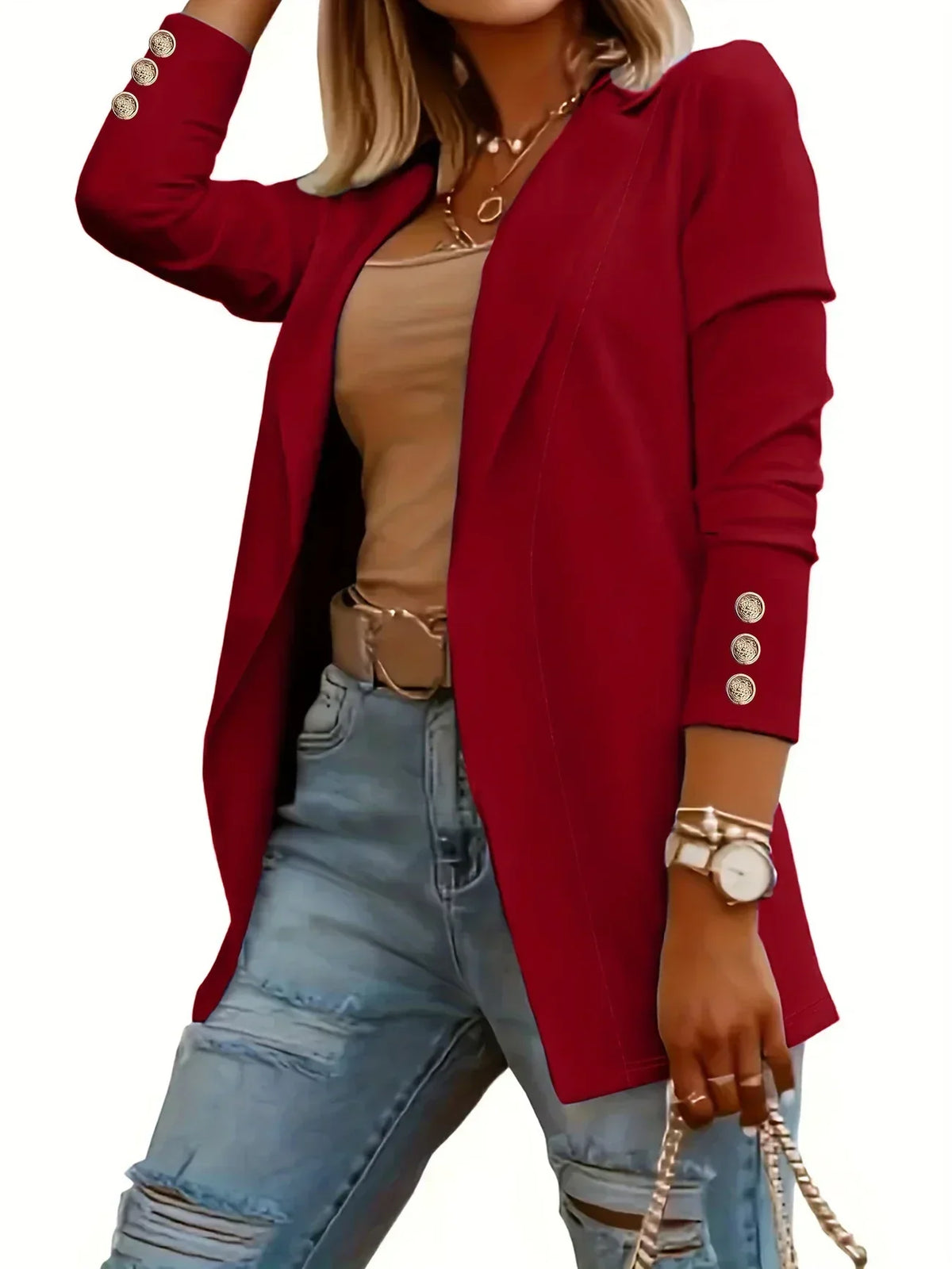 Notch Lapel Button Cuff Open Front Blazer 8