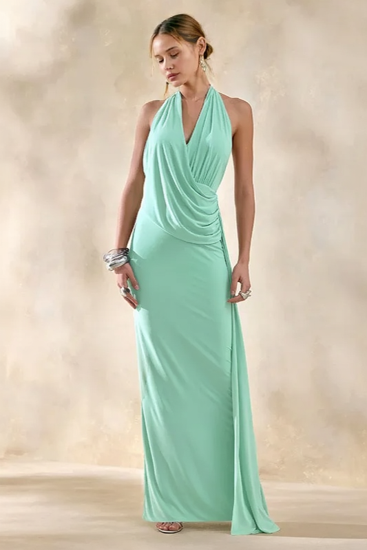 Halter Cowl Neck Ruched High Split Maxi Dress - View 7