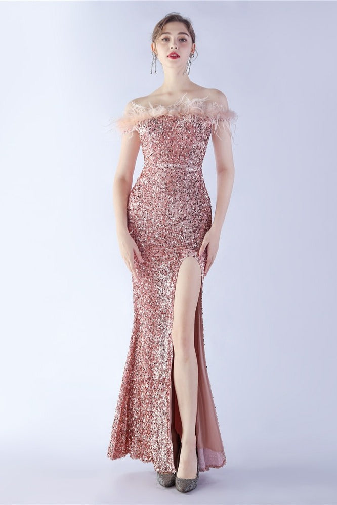 Sequin Off Shoulder Feather Trim High Split Mermaid Gown - View 9