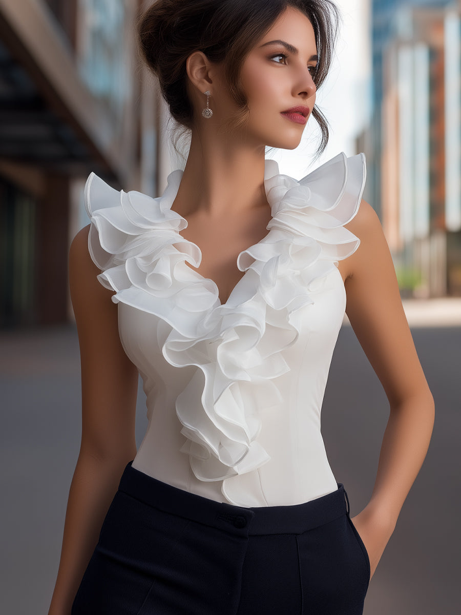 Sleeveless Ruffle Trim V-Neck Chiffon Top 2