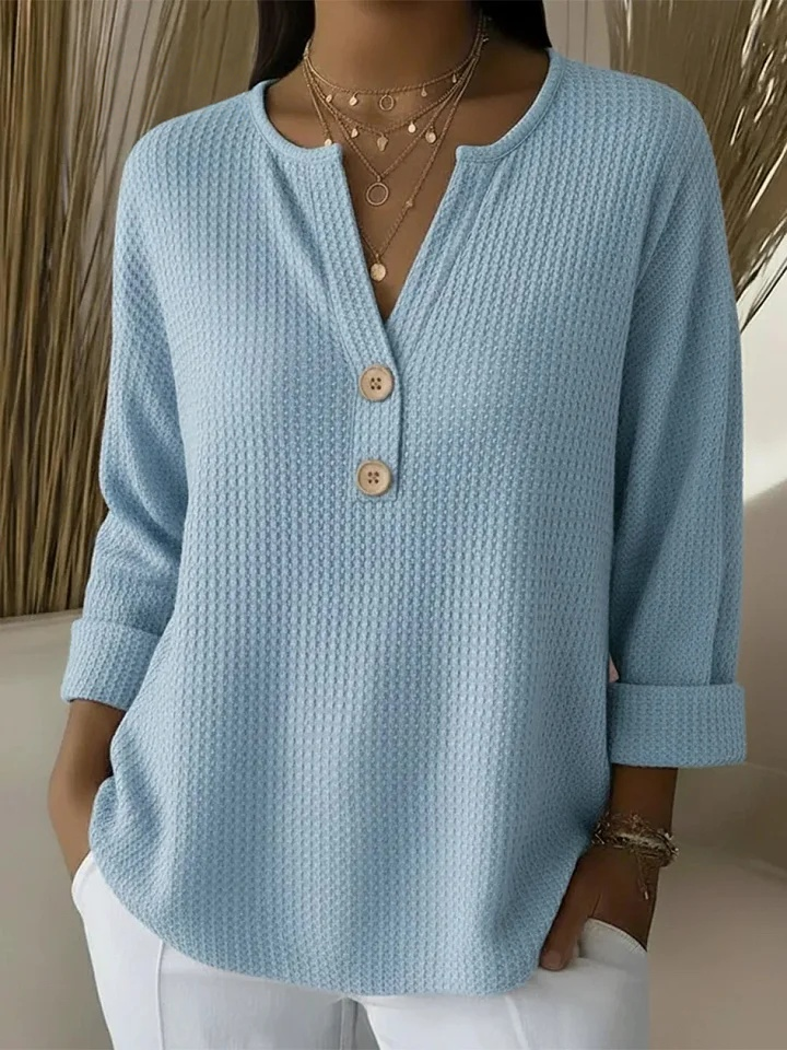 Waffle Knit Split Neck Button Henley Long Sleeve Top 2