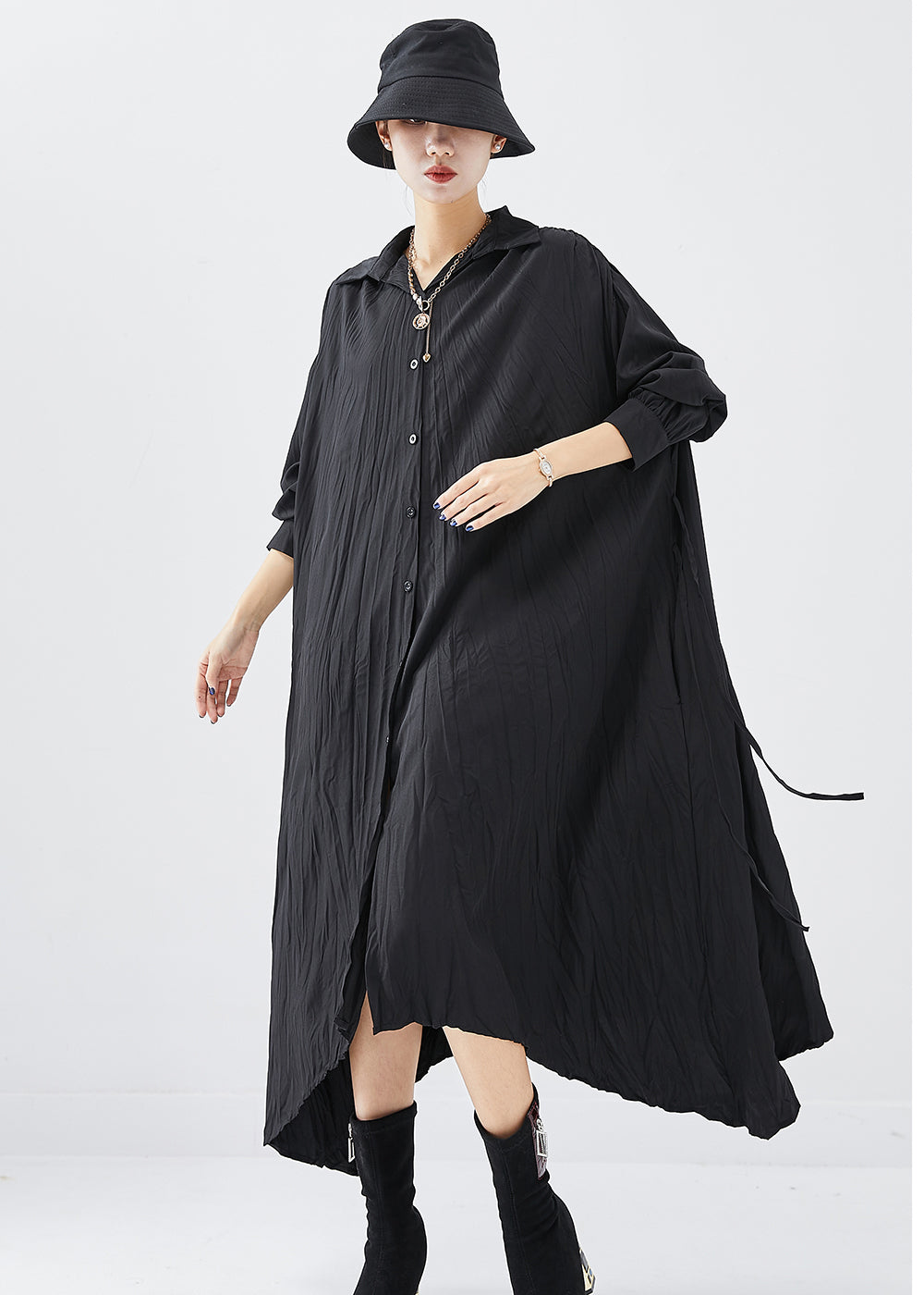 Crinkle Texture Collar Button Down Long Sleeve Shirt Dress - View 2