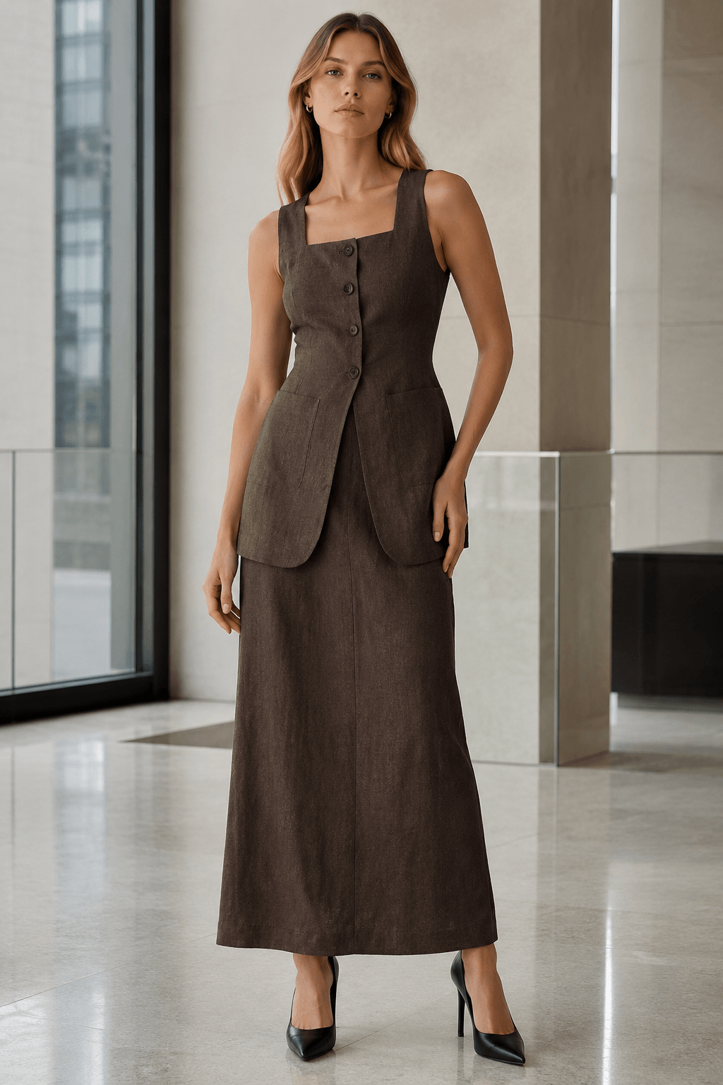 Sleeveless Vest Skirt Two Piece Work Set