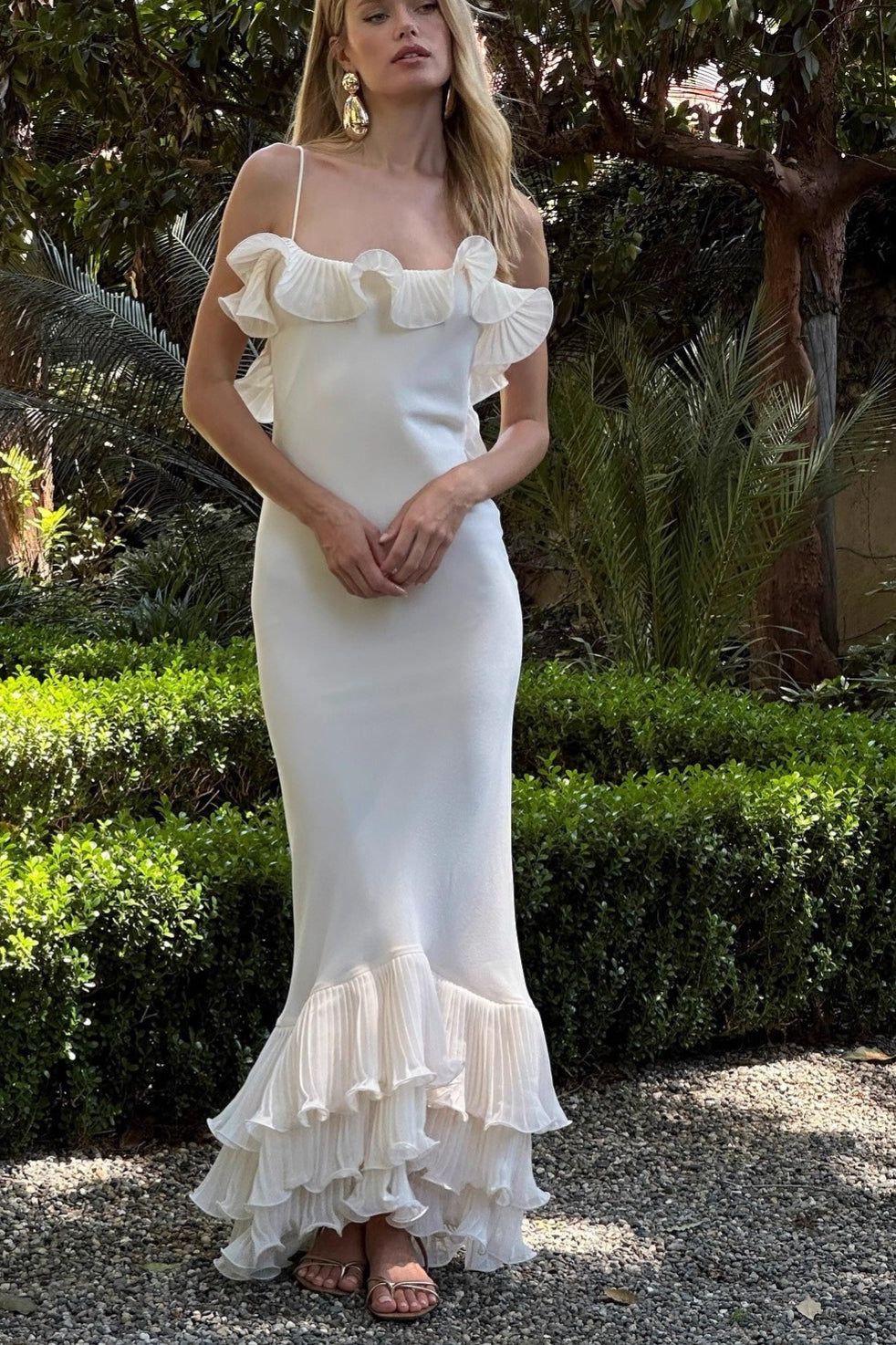 Spaghetti Strap Scoop Neck Ruffle Tiered Hem Satin Maxi Dress