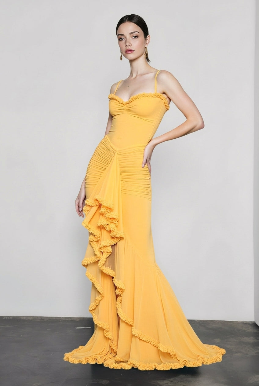 Spaghetti Strap Sweetheart Ruched Ruffle Trim Mermaid Gown