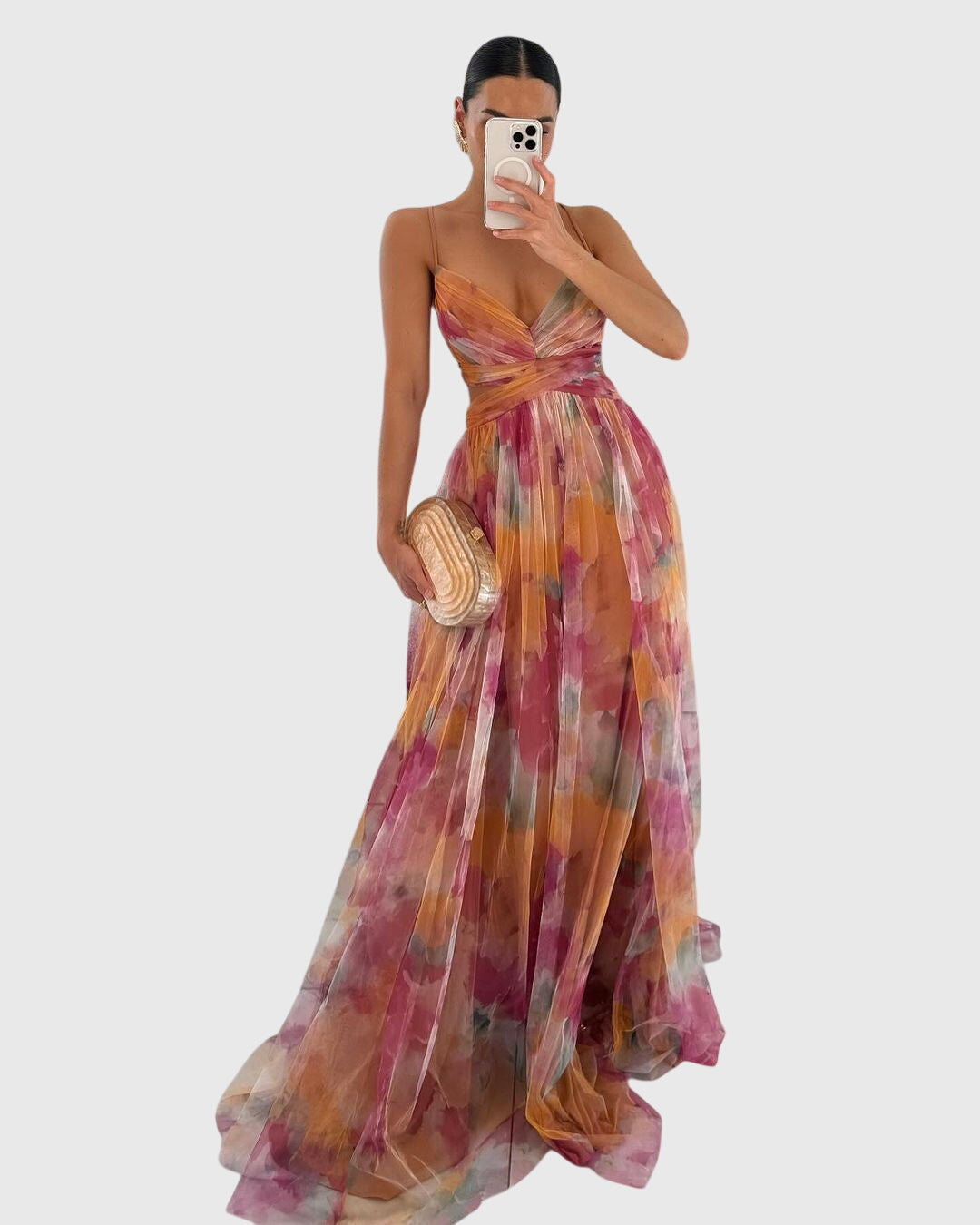 Floral V-Neck Spaghetti Strap Tulle High Split Maxi Gown