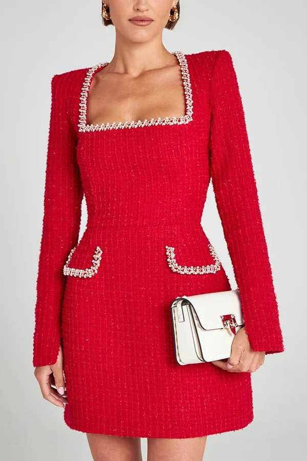 Tweed Square Neck Pearl Trim Long Sleeve Pocket Mini Dress - View 5