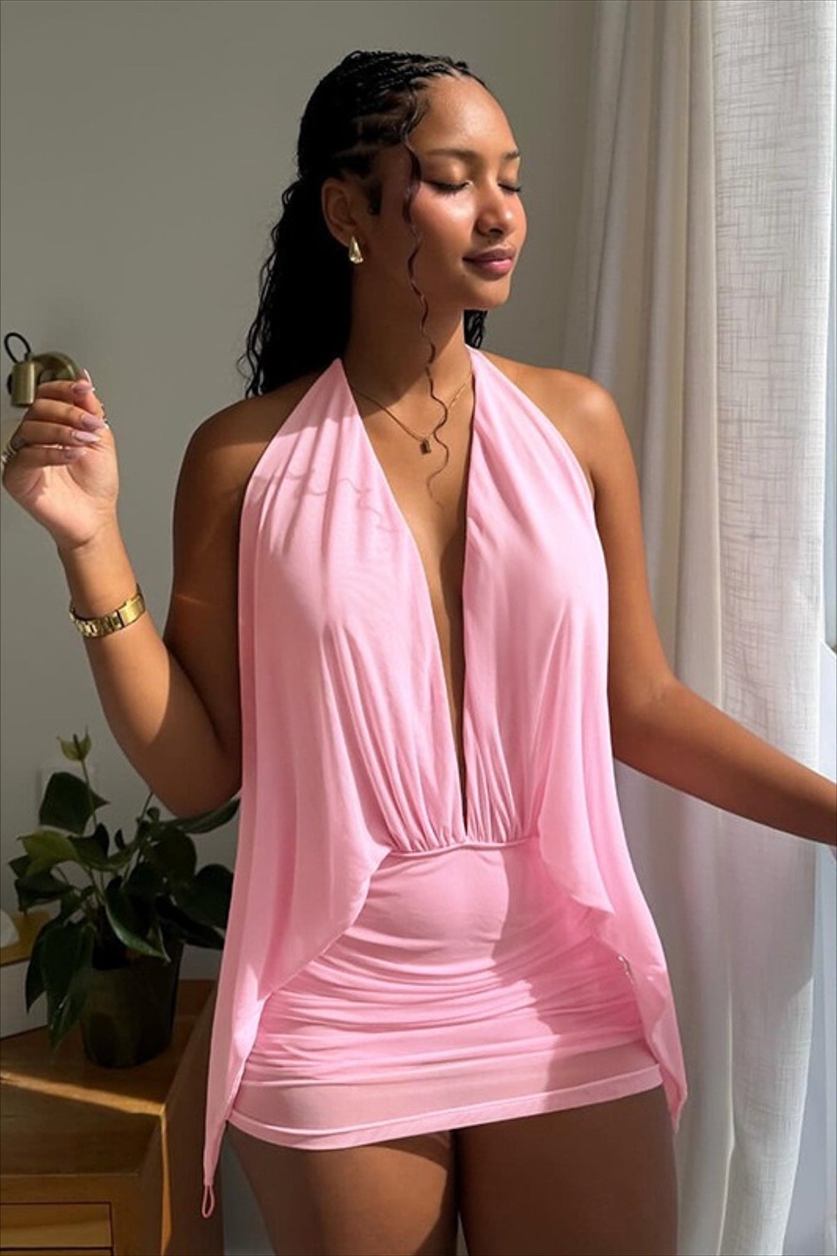 Halter Deep V-Neck Draped Ruched Bodycon Mini Dress - View 3