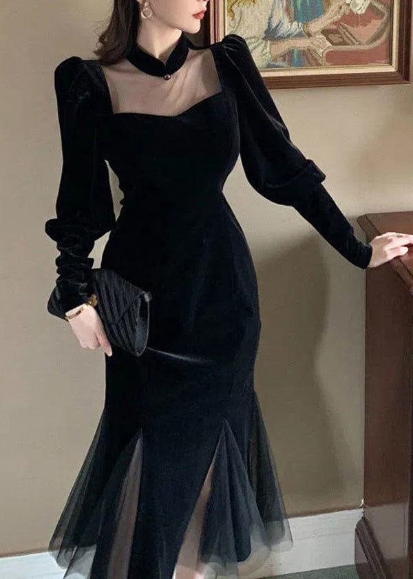 Velvet Sweetheart Choker Collar Puff Sleeve Mesh Panel Mermaid Gown - View 2
