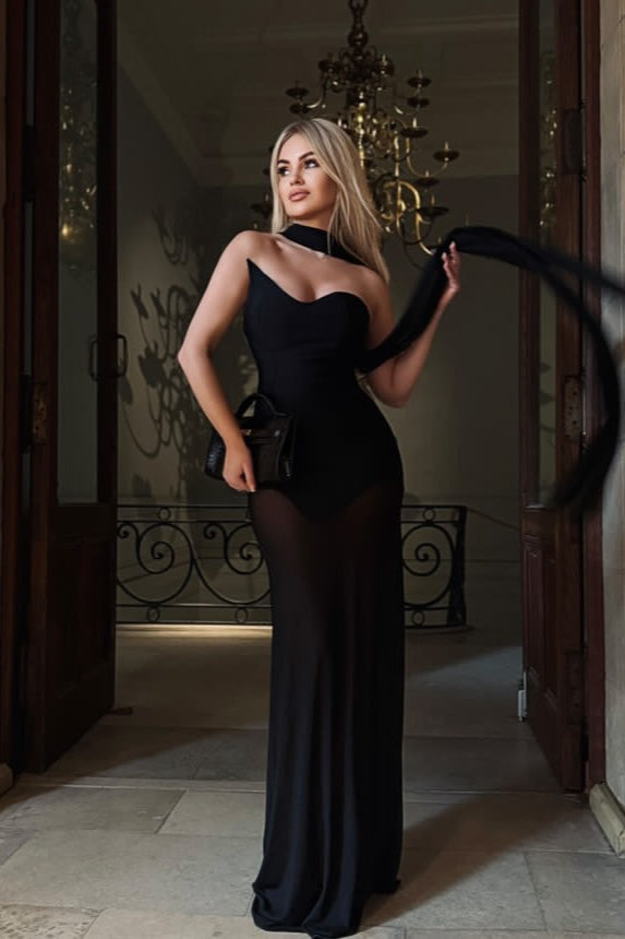 One Shoulder Sweetheart Sheer Mesh Bodycon Maxi Gown