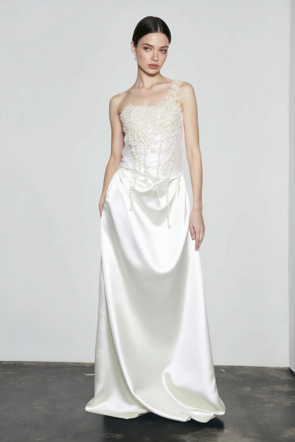 Satin One Shoulder Pearl Beaded A-Line Prom Dress - View 2