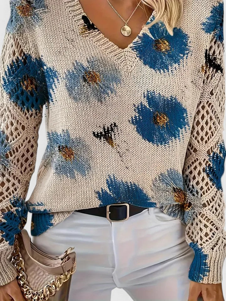 V-Neck Crochet Lace Sleeve Floral Print Long Sleeve Knit Sweater 6