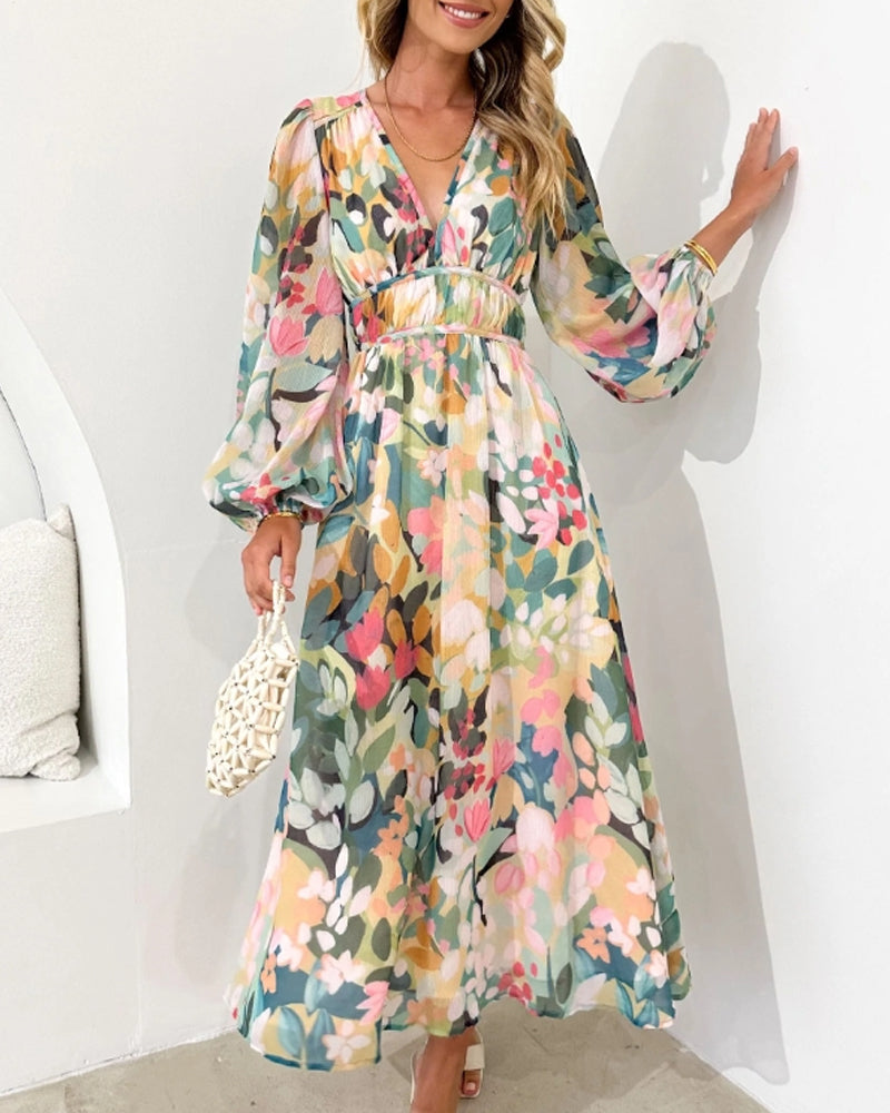 Floral Chiffon V-Neck Long Sleeve Ruched Waist Maxi Dress 6